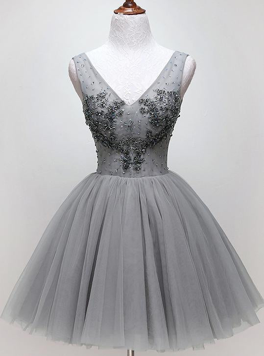 V-neck Beading Silver Short Prom Homecoming Dress Tulle Dance Dress