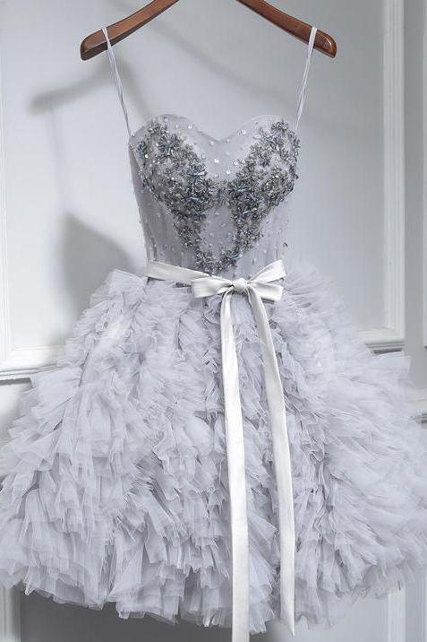 grey cute sweet 16 gown spaghetti-straps beaded short/mini party dress dth168