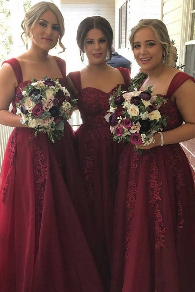straps tulle long burgundy bridesmaid dresses with lace appliques dtb11