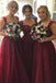 straps tulle long burgundy bridesmaid dresses with lace appliques dtb11