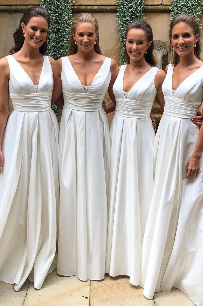elegant ivory satin floor length bridesmaid dresses with lace dtb03