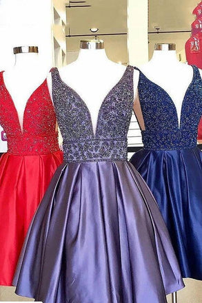 plunging neck beaded short prom dresses royal blue homecoming dress dth147
