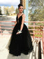 A Line Black Prom Dresses Deep V-Neck Formal Party Evening Gowns