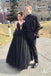 A Line Black Prom Dresses Deep V-Neck Formal Party Evening Gowns