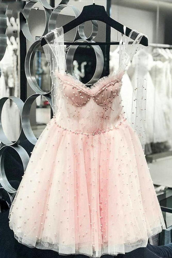 Pink Pearls Homecoming Dresses Illusion Bodice Tulle Short Sweet 16 Dresses DTH120 DressTok