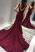 Sparkly Mermaid Burgundy Prom Dresses V-Neck Backless Evening Gown