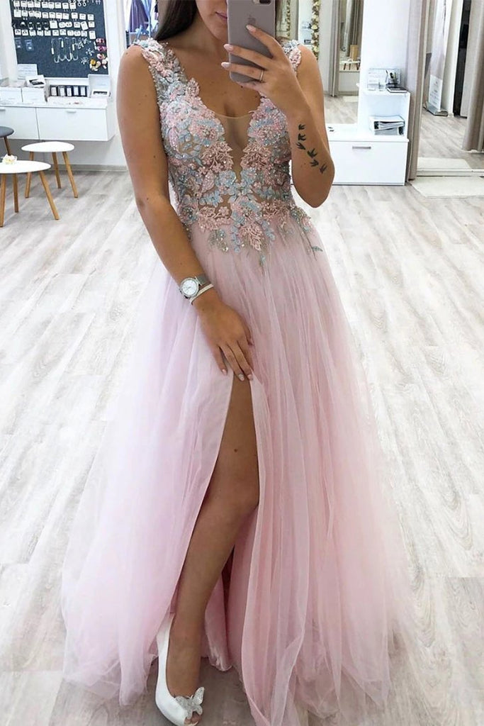 slit evening dress with appliques a-line v-neck tulle long prom dress dtp851