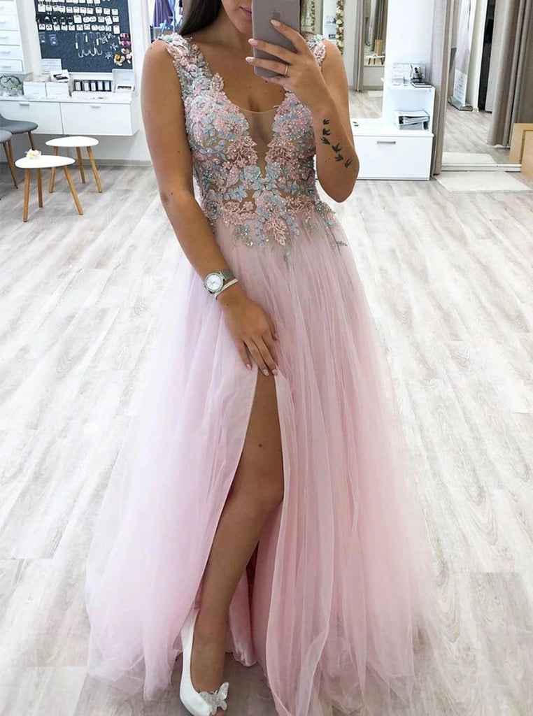 A-line V-neck Tulle Long Prom Dress, Slit Evening Dress With Appliques