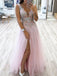 A-line V-neck Tulle Long Prom Dress, Slit Evening Dress With Appliques