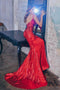 Spaghetti-straps Mermaid Sequin Red Long Prom Evening Dresses