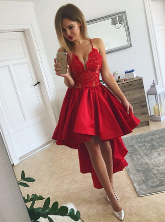 spaghetti straps v-neck lace bodice asymmetry red satin prom dress dtp226