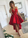 spaghetti straps v-neck lace bodice asymmetry red satin prom dress dtp226