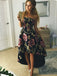 strapless high-low floral print black satin prom dress dtp225