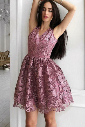 a-line v-neck short prom dress vintage lace short homecoming dresses dth265