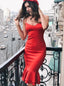 Sexy Spaghetti Straps Red Satin Party Bodycon Dress with Ruffles