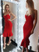 sexy spaghetti straps red satin party bodycon dress with ruffles dtp220