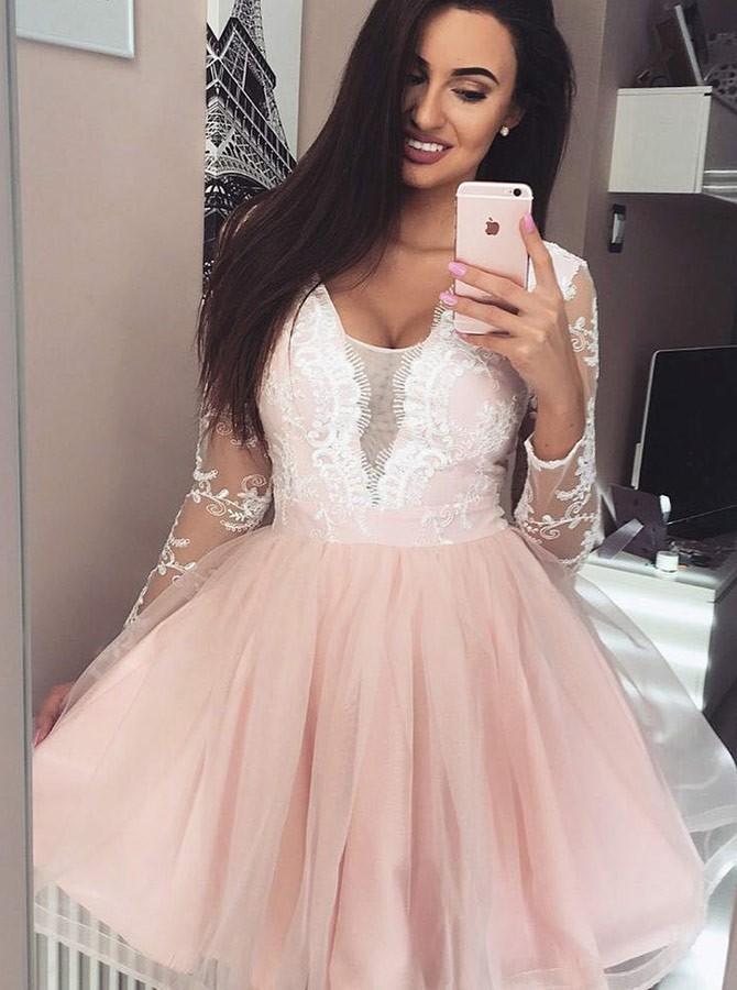 long sleeves lace appliques tulle plunge neck short prom dress dtp199