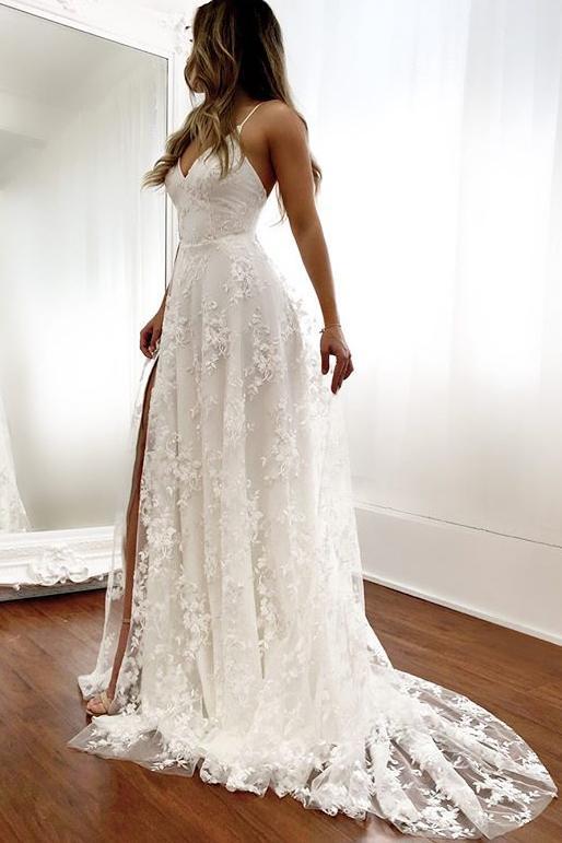 lace beach wedding dresses v-neck backless bridal gown with split dtw244