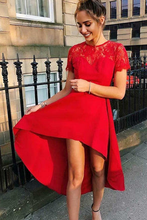 jewel lace short sleeves red homecoming dresses high low prom dress dth264
