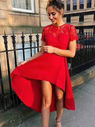 Jewel Lace Short Sleeves Red Homecoming Dresses High Low Prom Dress