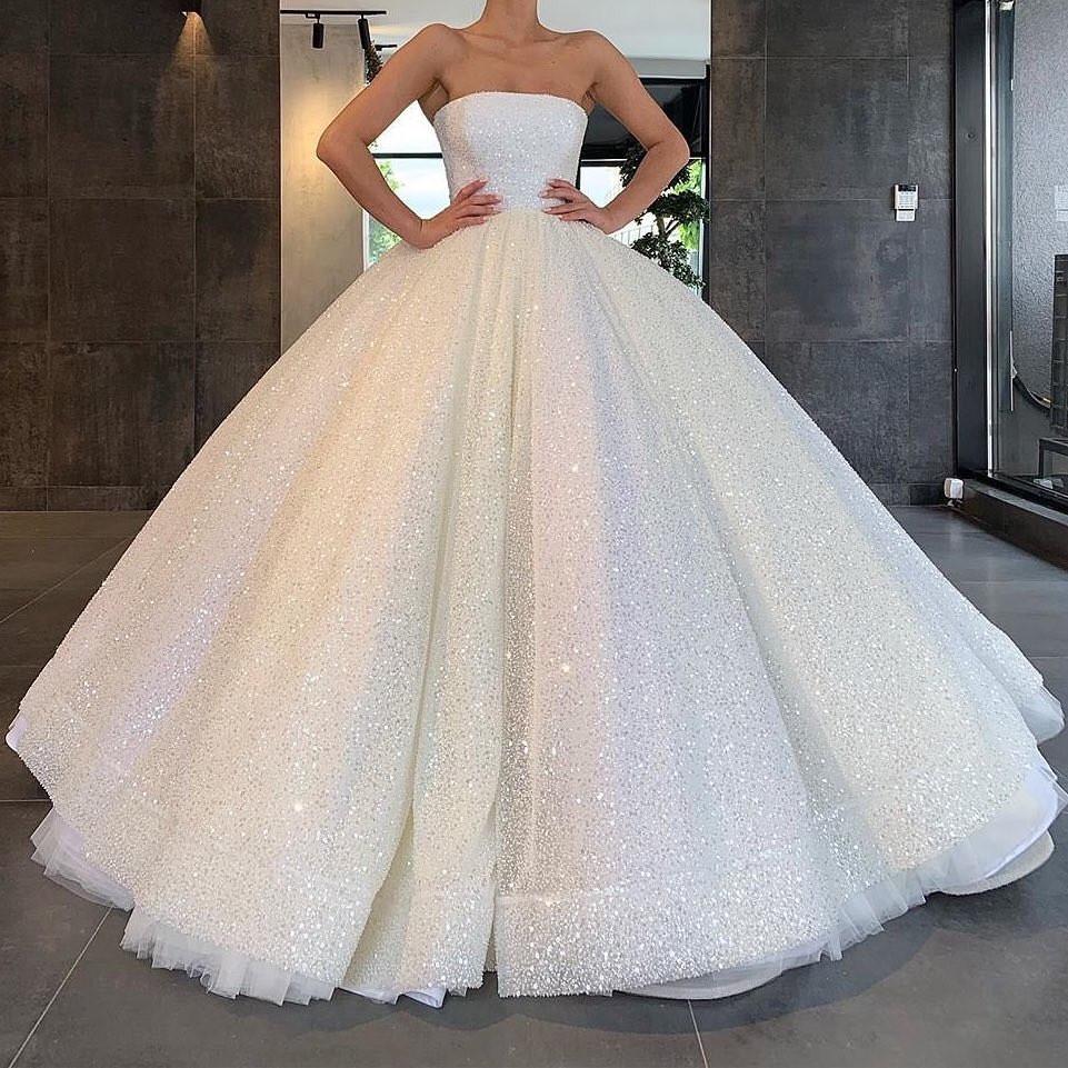 Glitter Strapless Ball Gown Wedding Dresses Sparkly Bridal Gown