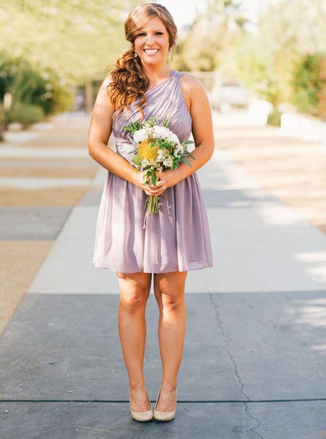 one-shoulder above-knee lavender chiffon bridesmaid dress dtb218