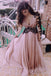 a-line v-neck long sleeve chiffon prom dresses with black lace dtp45