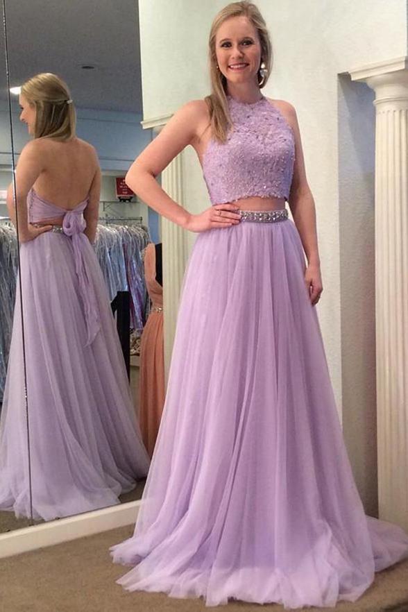 Halter Backless Lilac Two Piece Prom Dress with Beading