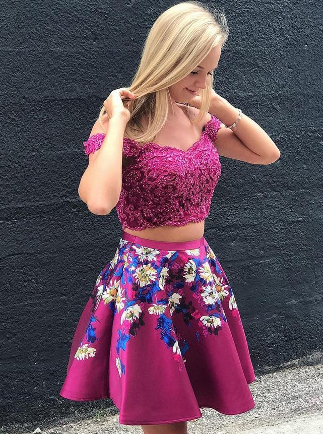 Off Shoulder Lace Applique Two Piece Homecoming Dresses, Floral Print Short Prom Dress