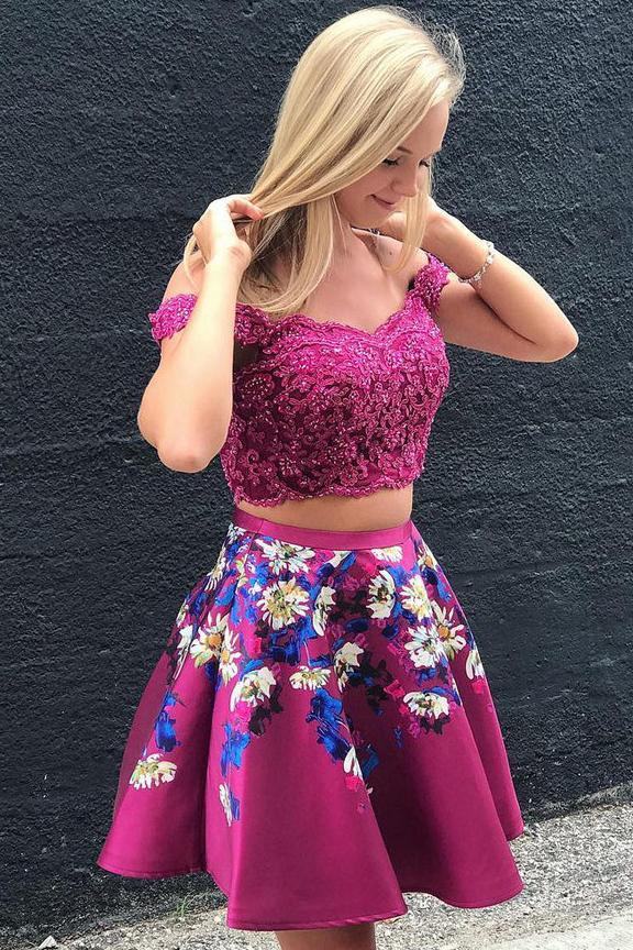 Floral Print Short Prom Dress Off Shoulder Lace Applique Two Piece Homecoming Dresses DTH269 DressTok.co.uk Floral Print Short Prom Dress Off Shoulder Lace Applique Two Piece Homecoming Dresses DTH269 DressTok.co.uk