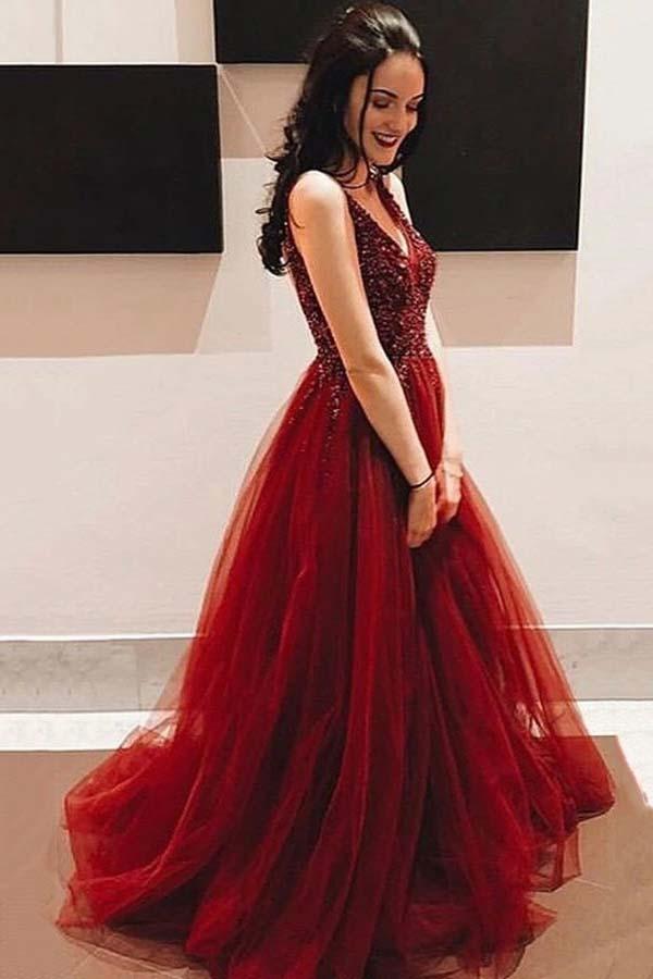 v-neck a-line graduation gown beading tulle burgundy prom dresses dtp129