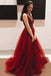 v-neck a-line graduation gown beading tulle burgundy prom dresses dtp129