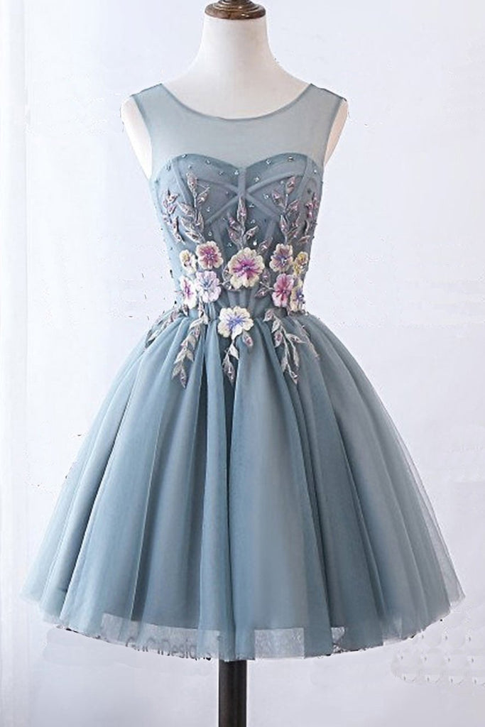 Illusion Round Neckline Grey Tulle Homecoming Dresses With Appliques