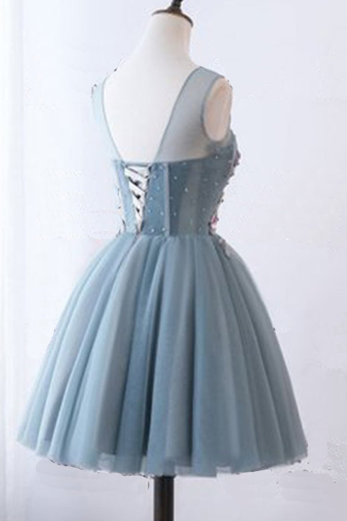 Illusion Round Neckline Grey Tulle Homecoming Dresses With Appliques