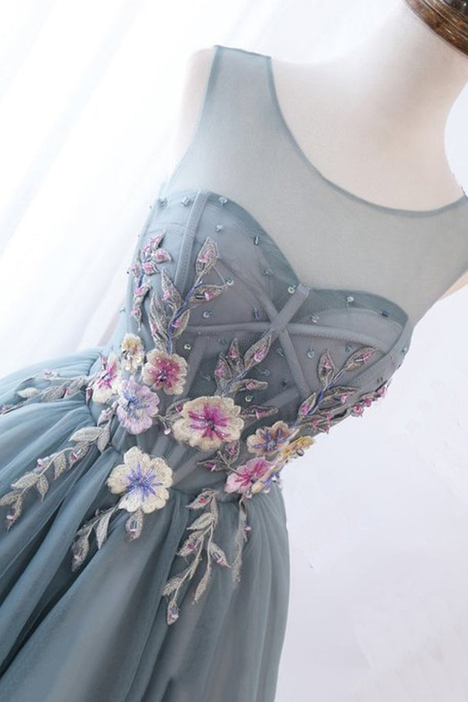 Illusion Round Neckline Grey Tulle Homecoming Dresses With Appliques