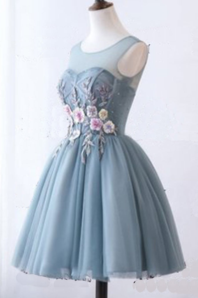 Illusion Round Neckline Grey Tulle Homecoming Dresses With Appliques