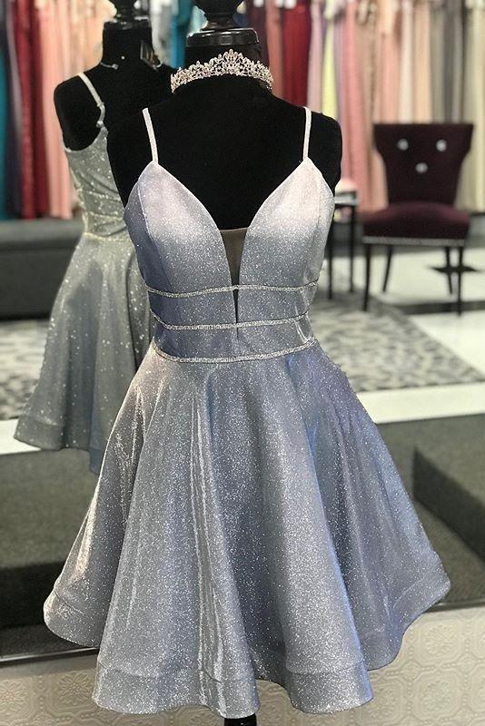 glitter backless short prom dress sparkle grey homecoming dress dth110