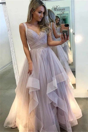 a-line long prom dresses lavender tiered tulle sleeveless evening gown dtp1191