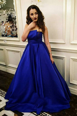 strapless royal blue satin long prom dress plus size formal gown dtp97