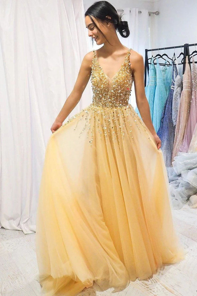 Tulle V-neck Graduation Dress Yellow Sequin Beaded Long Prom Dress DTP886 DressTok.co.uk Tulle V-neck Graduation Dress Yellow Sequin Beaded Long Prom Dress DTP886 DressTok.co.uk