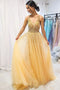 Yellow Sequin Beaded Long Prom Dress, Tulle V-neck Graduation Dress