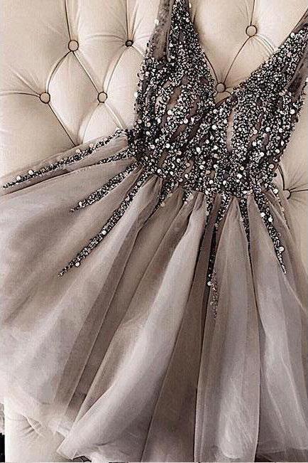 sequins beaded a-line v-neck tulle short prom dresses dtp257
