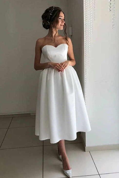 Ivory Satin Tea-Length Wedding Dress, Sweetheart Simple Bridal Dress