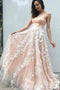 Elegant Sweetheart Blush Pink Tulle Long Prom Dresses with Appliques