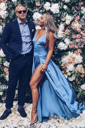 slit evening dress simple a-line v-neck blue long prom dress dtp209