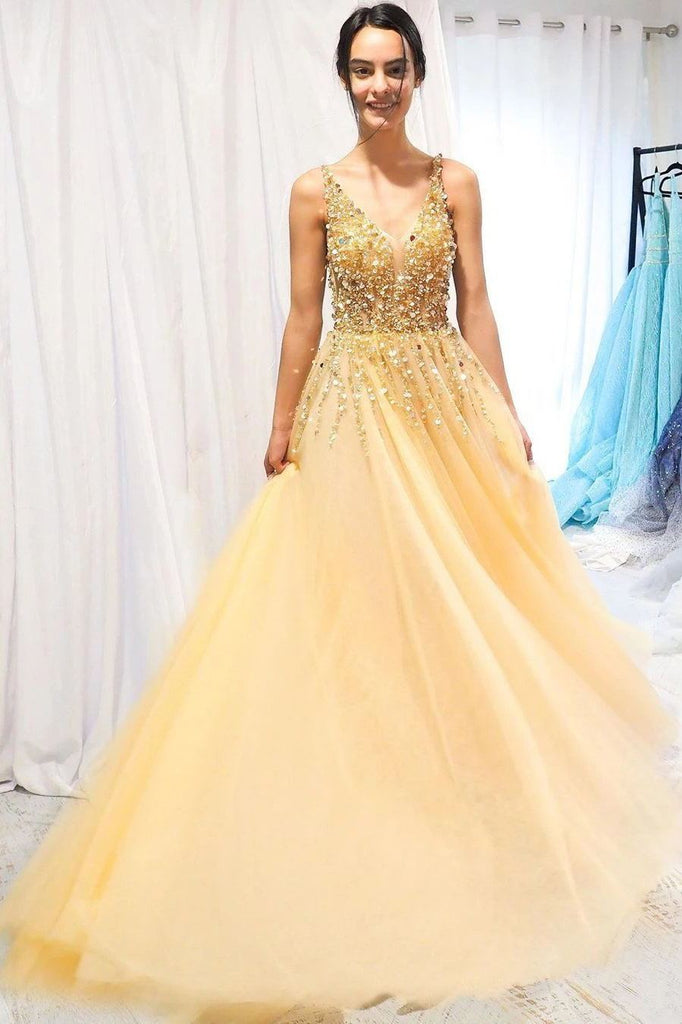 Yellow Sequin Beaded Long Prom Dress, Tulle V-neck Graduation Dress