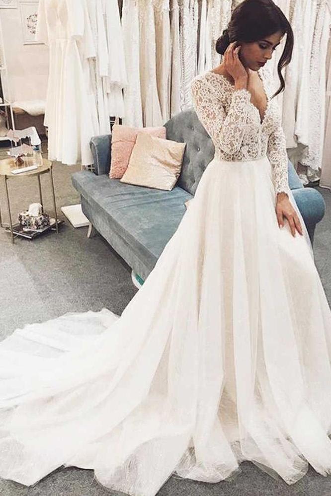 modest ivory v-neck lace wedding dress with long sleeve dtw49