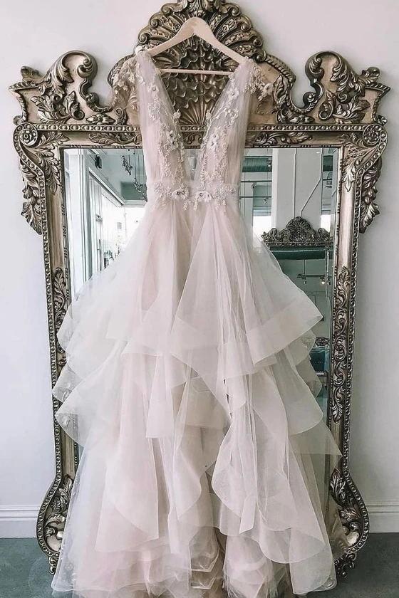 tulle a-line v-neck lace applique layered long prom wedding dress dtp732