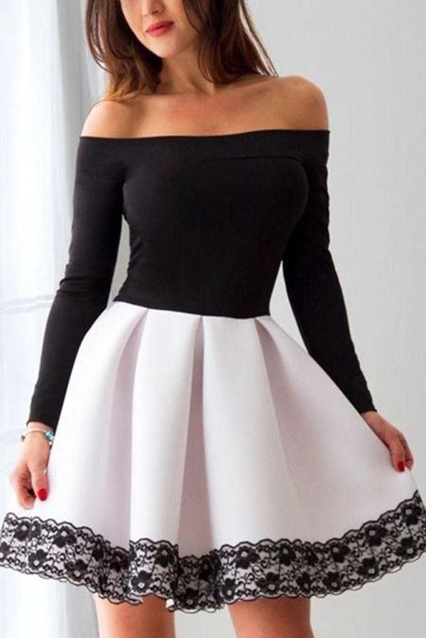 short black long sleeve a-line homecoming dresses with lace dth101