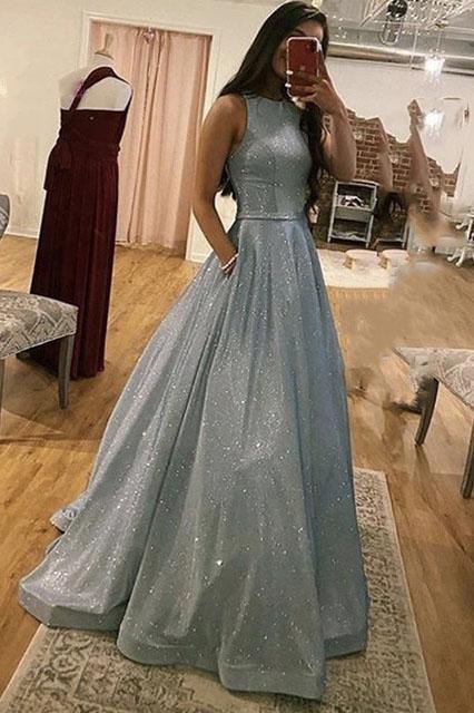 sparkly silver prom dress a-line bateau with pockets long pageant dress dtp41